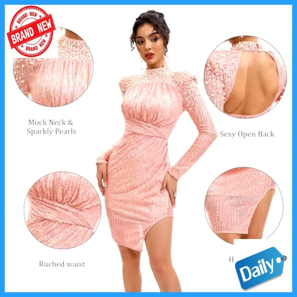 Long Sleeve Sequin Mock Neck Backless Bodycon Prom Cocktail Party Dress - Picture 5 of 6